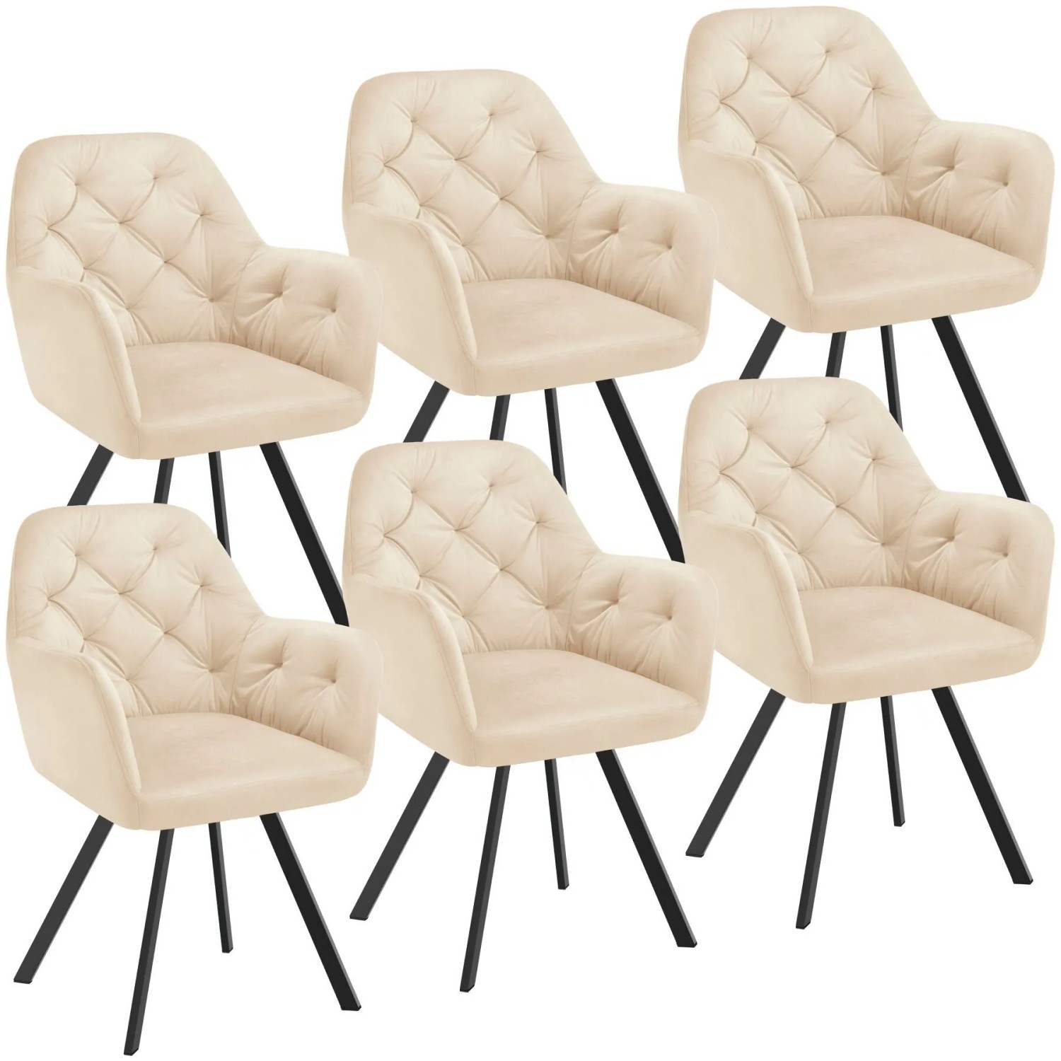 Tectake Drehbarer Samt Armlehnstuhl Lucia Gepolstert  Mit Steppmuster Mit Durchgehender Lehne 6Er Set 58 x 58 x 87 cm Creme