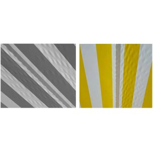 MCW Kassettenmarkise H124, creme, mit Streifenmuster (grau/weiß und gelb/weiß).