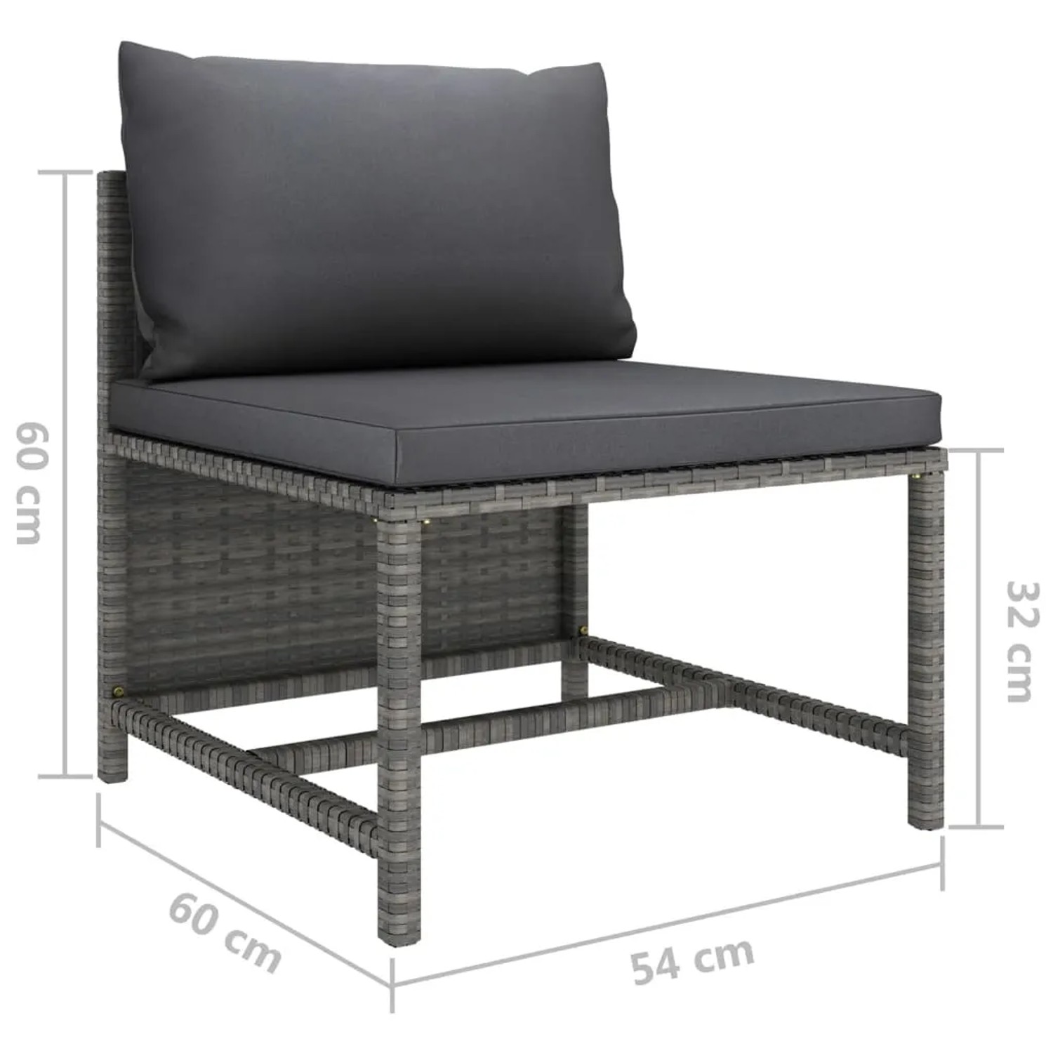 Graues vidaXL Garten Lounge Mittelteil mit anthrazitfarbenen Kissen und Maßangaben.