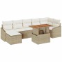 8-teiliges Garten-Sofa-Set aus Poly Rattan in Beige mit Tisch und Kissen.