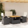 Schwarze 4-tlg. Garten Essgruppe aus Polyrattan mit cremeweißen Kissen und höhenverstellbarem Tisch.