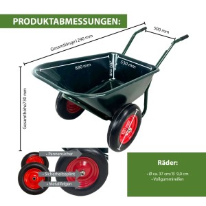 Grüne TRUTZHOLM Schubkarre mit zwei Rädern, 100L Volumen und Vollgummireifen.