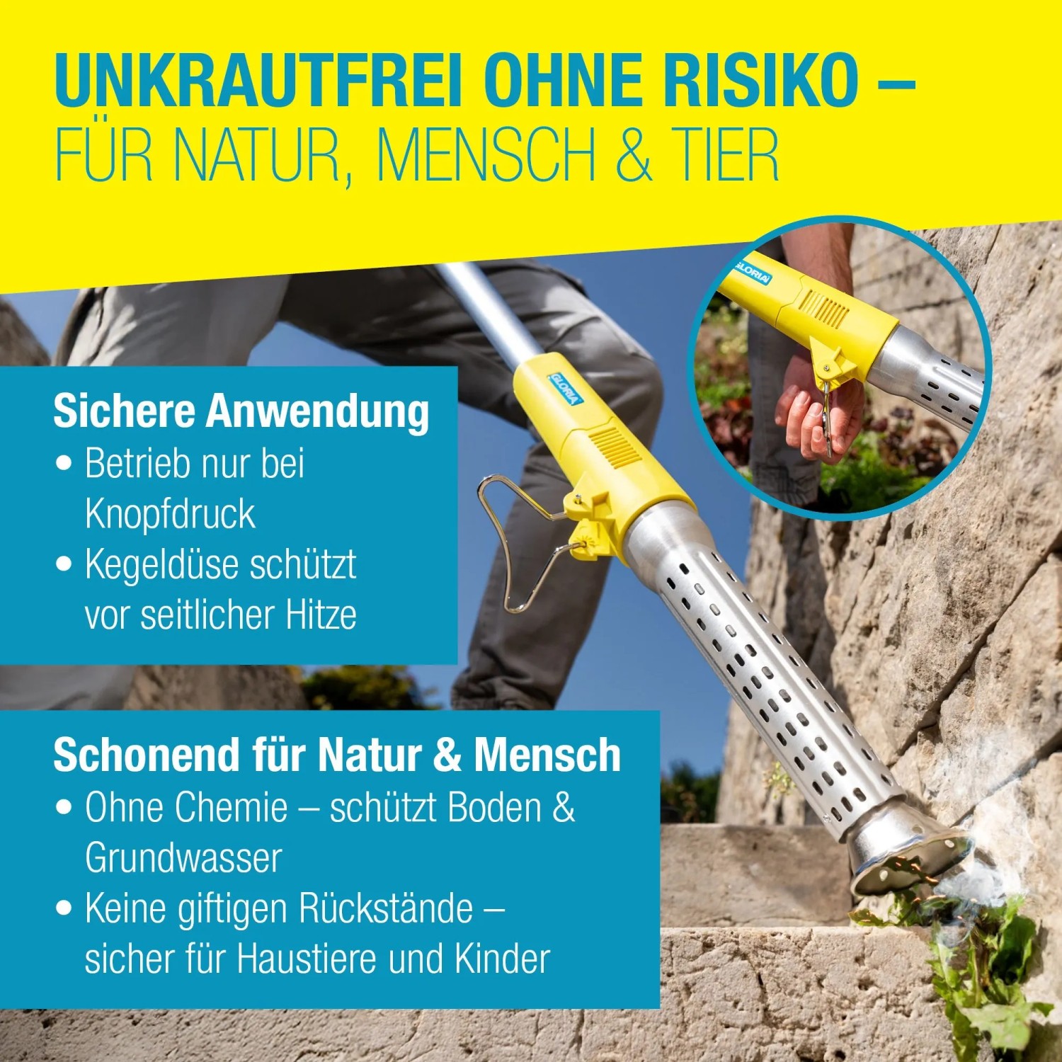 Gloria Thermoflamm Bio Electro Unkrautbrenner im Einsatz, gelbes Gehäuse, silbernes Rohr. Unkrautbeseitigung ohne Chemie.