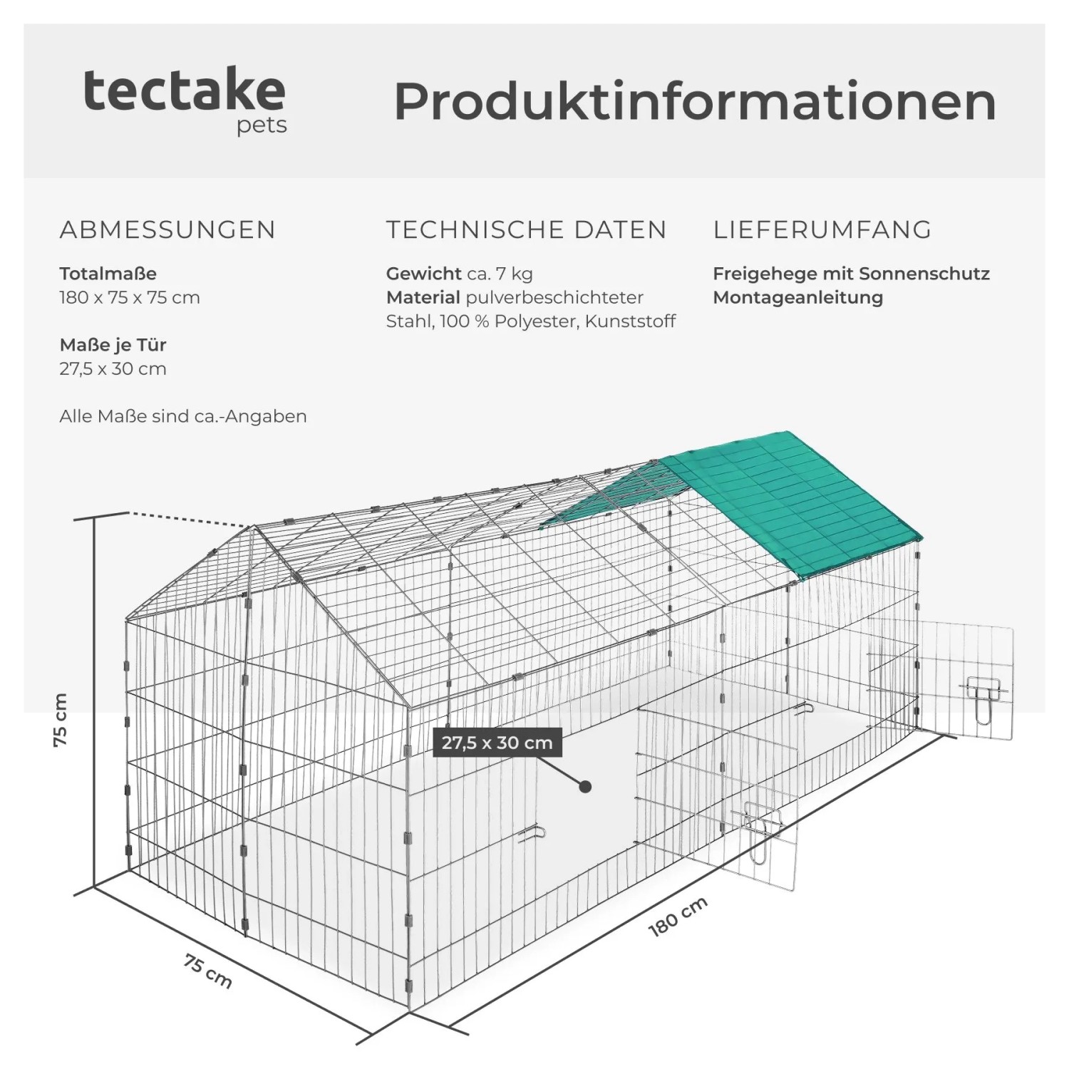 Tectake Freilaufgehege Für Kaninchen  Aus 12 Gitterelementen Mit Sonnenschutz  180 x 75 x 75 cm Grün_6