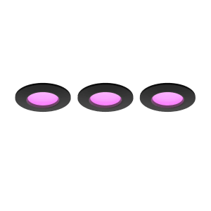 3er-Pack Philips Hue Einbauspots Slim, schwarz, mit farbiger Beleuchtung.