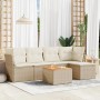 Beige 6-tlg. Garten-Sofagarnitur aus Rattan mit Kissen. Modulare Gartenmöbel für Terrasse und Garten.