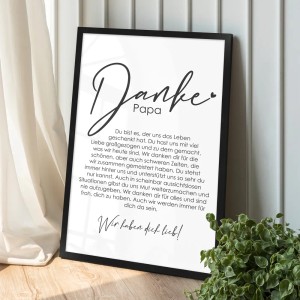 Gerahmtes Poster "Danke Papa" (13x18 cm) im schwarzen Rahmen. Geschenkidee für den besten Vater.