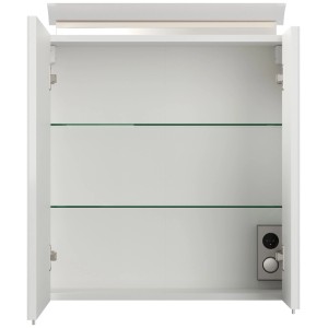 Weißer 60 cm Spiegelschrank offen mit LED-Lampe, zwei Glasböden und Steckdose. Hochglanz Badschrank.