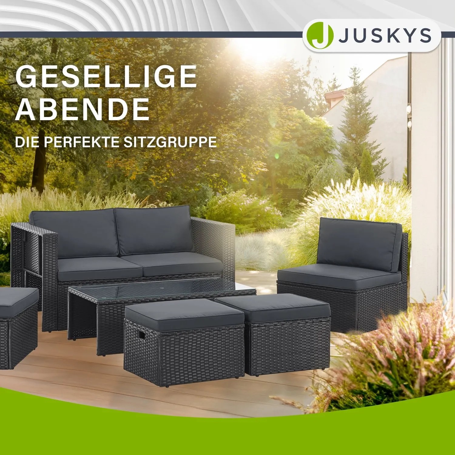 Juskys Polyrattan Lounge Salou, schwarz/grau, Gartenmöbel-Set mit Tisch, Sesseln und Hockern.