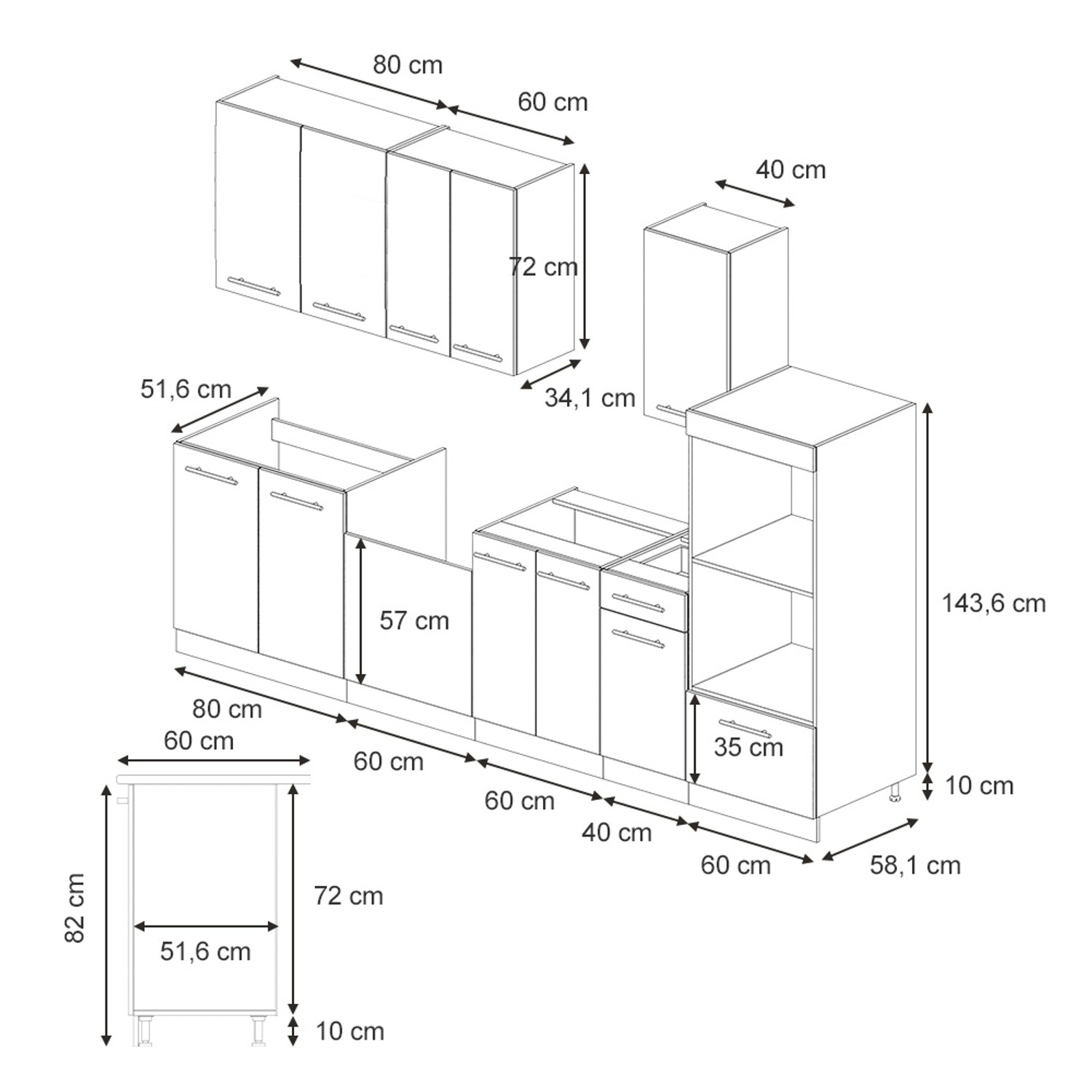 Skizze der hellblau-grauen Vicco Fame-Line Küchenzeile (300 cm) mit Hochschrank und Maßangaben.