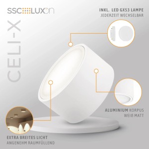 Weiße, runde LED Deckenleuchte Celi-X für Büro & Flur mit GX53 Leuchtmittel.