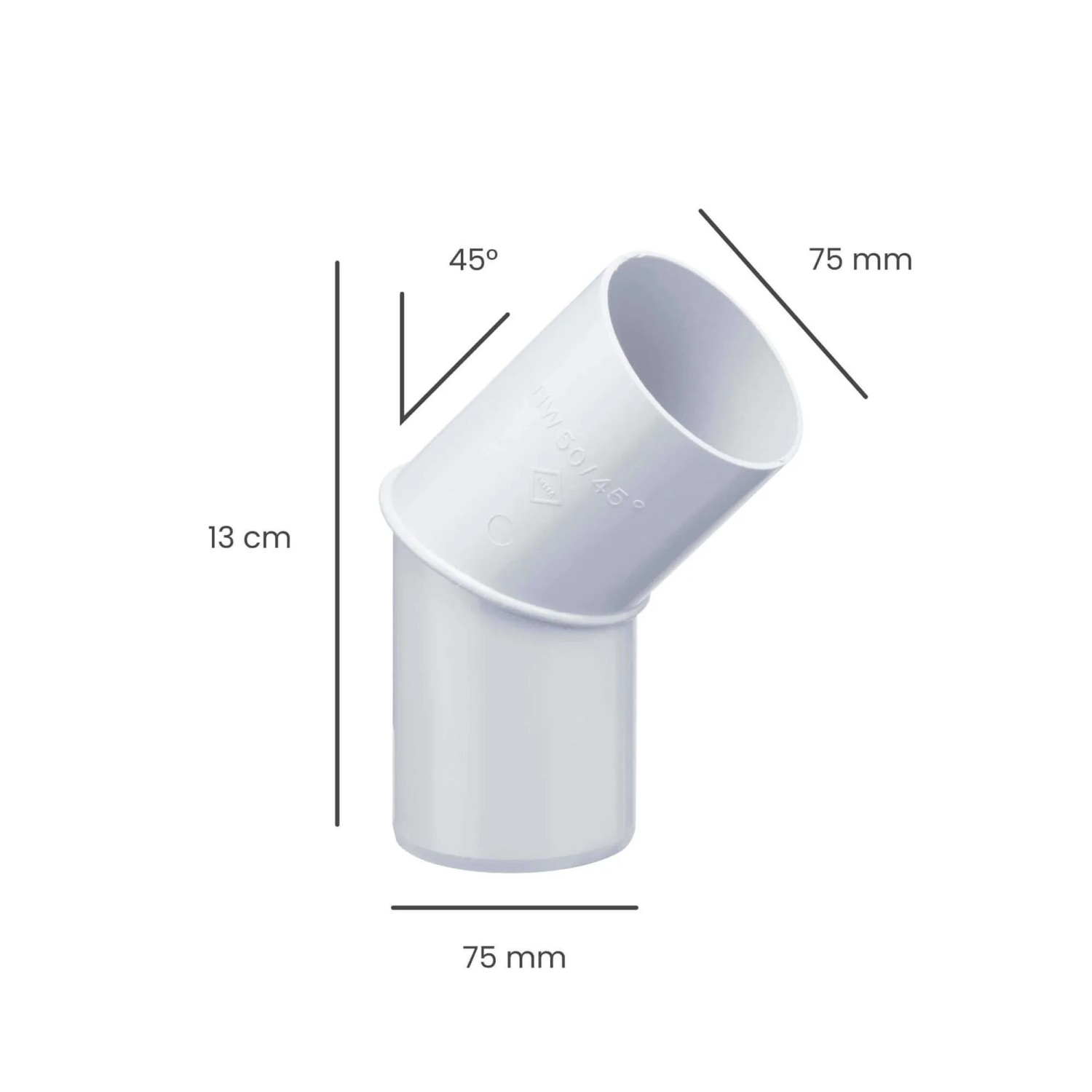 Weißer Inefa Fallrohrbogen 45 Grad aus PVC, DN 75, 13 cm hoch, für Dachentwässerung. Kunststoff-Dachrinnen Zubehör.