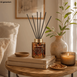 Luxus Raumerfrischer Diffuser mit 5 Stäbchen, Holz Amberduft und Anti-Tobacco in edlem Glas auf Holztisch mit Kerze.