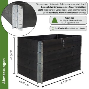 Schwarzes TRUTZHOLM Hochbeet 4er Set aus Palettenrahmen (120x80x80 cm) aus Holz, gestapelt.