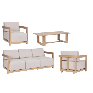 Loungeset THESEUS in Holzoptik mit Sofa, Sesseln und Tisch für den Garten.