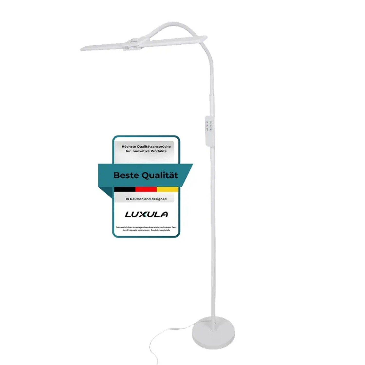 Weiße LUXULA LED Stehlampe mit Doppelkopf für Schreibtisch und Arbeitsplatz.