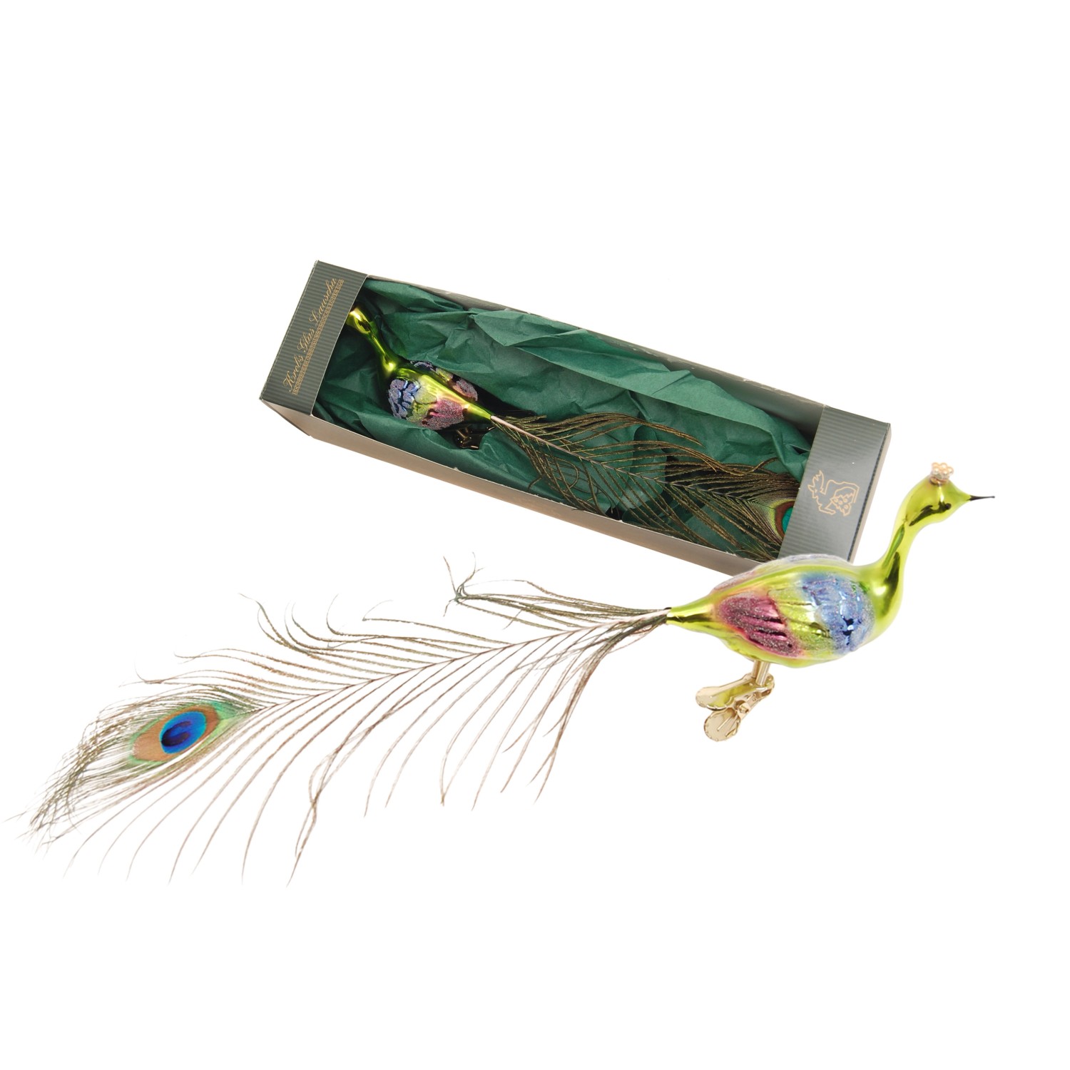 Krebs Glas Lauscha Weihnachtsornament Pfau auf Clip 1-tlg. 9cm