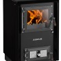 Schwarzer Justus Küchenofen Rustico 50 mit Kochplatte und Flammen im Brennraum.