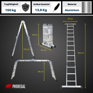 PROREGAL Aluminium Mehrzweckleiter MULTISTEP in 4 Konfigurationen: Stehleiter, Gerüst, Anlegeleiter, geklappt. 150kg Traglast.