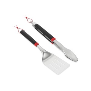 Weber Grillbesteck-Set, 2-teilig: Wender und Grillzange aus Edelstahl mit schwarzen Griffen.