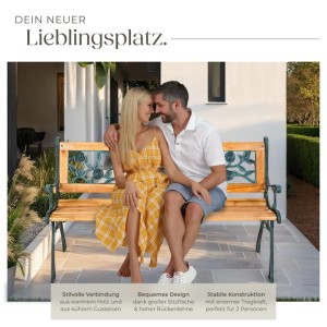 Tectake Gartenbank Marina, 2-Sitzer aus Holz und Gusseisen, braun. Paar sitzt auf der Bank.