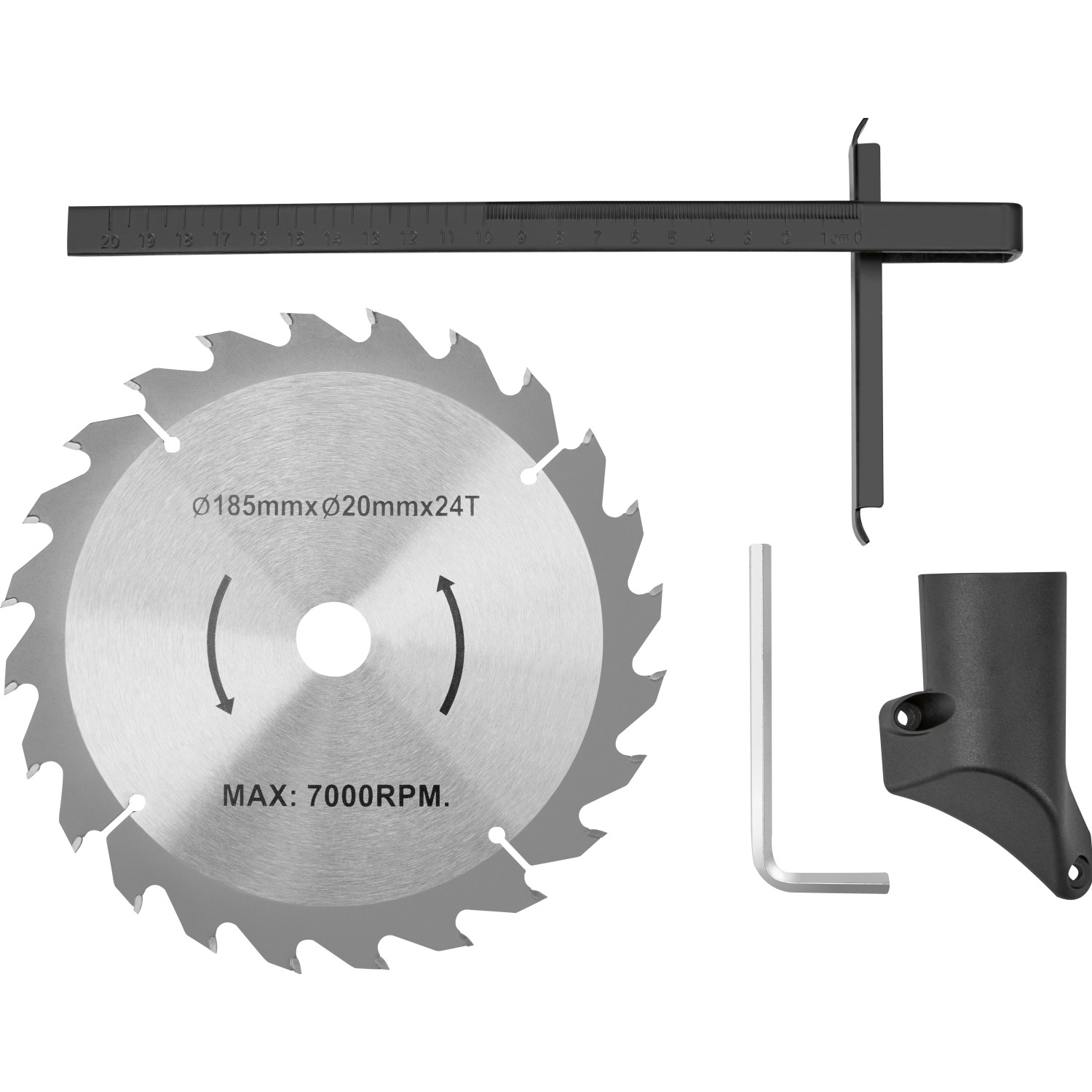 Zubehör für LUX Handkreissäge E-HKS-1400/185: Sägeblatt, Parallelanschlag, Inbusschlüssel, Absaugstutzen.