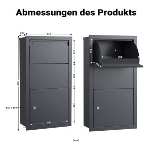 Anthrazitfarbener Xpotool Paketkasten aus Stahl, 47x22x87cm. Ansichten geschlossen und mit offener Einwurfklappe für Pakete.