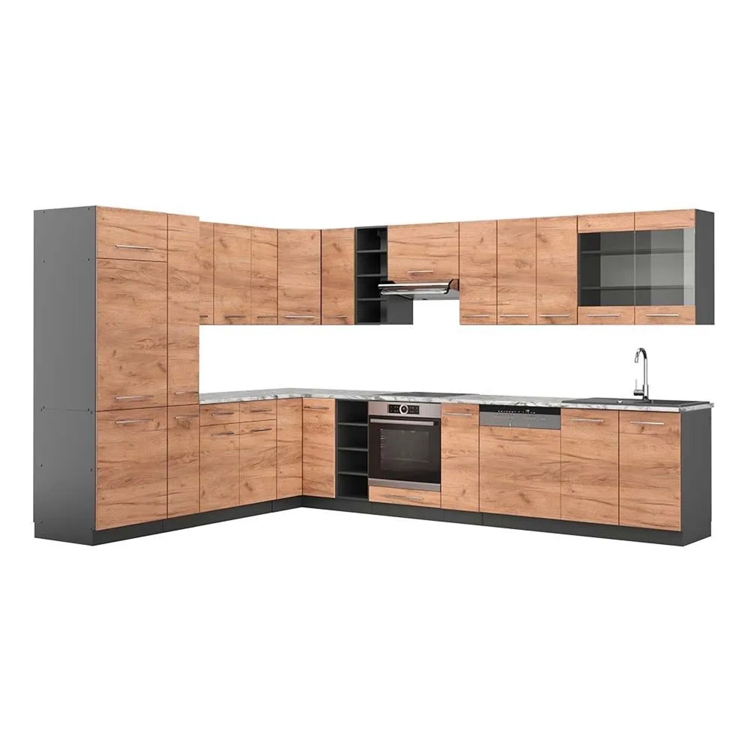 Vicco Eckküche Fame-Line Goldkraft Eiche/Anthrazit 347 x 82, AP Marmor
