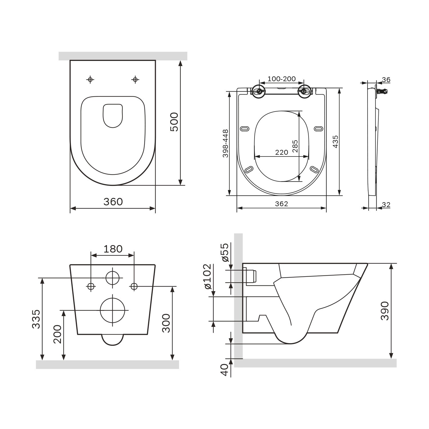 Technische Zeichnung AM.PM WC-Set Wand-WC mit Vorwandelement und Spülkasten, Maße und Details.