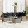 Hellgraues 6-teiliges Garten-Sofa-Set aus Poly Rattan mit Tisch und Kissen.