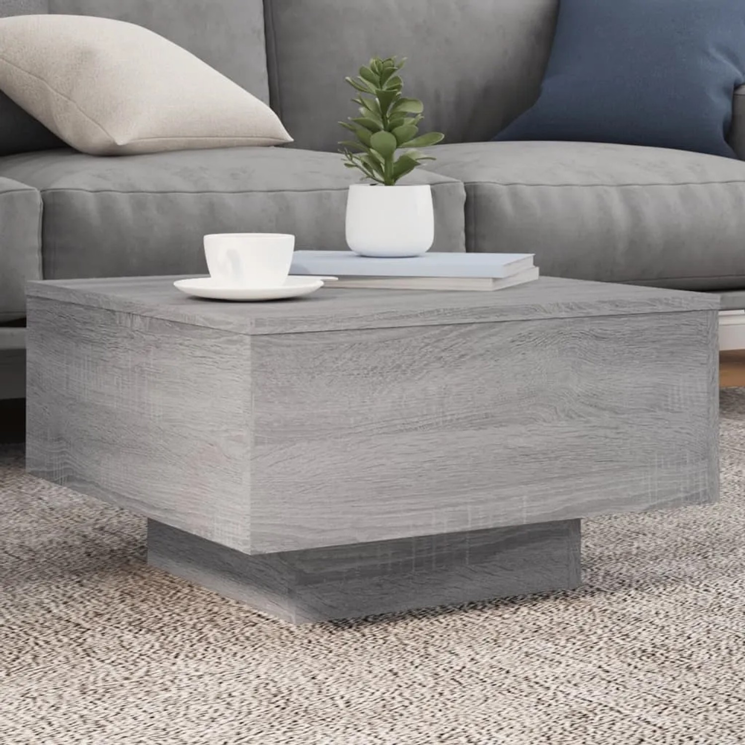 Moderner, grauer Couchtisch mit LED-Beleuchtung, 55x55x31 cm, passend zu Sofas und Wohnzimmer.