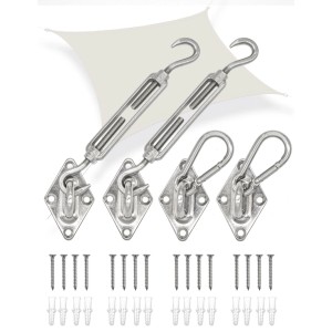 Edelstahl Schwerlast Befestigungsset für viereckige Sonnensegel. Mit Spannschrauben, Karabinern, Wandhaken, Schrauben, Dübeln.