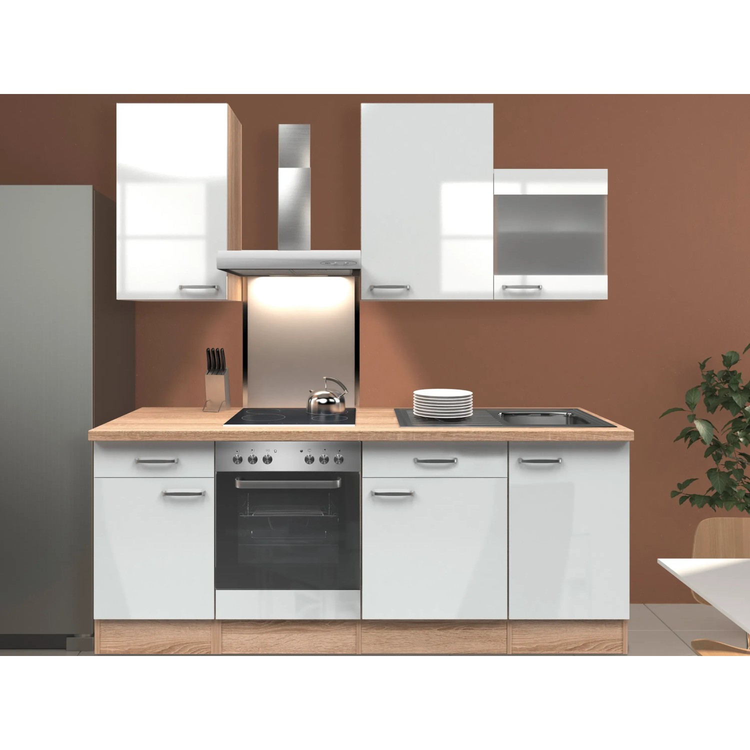 Flex-Well Exclusiv Küchenzeile Valero 220 cm Hochglanz Weiß-Sonoma Eiche