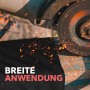 Evocamp feuerfeste Unterlage unter Winkelschleifer mit Funkenflug.