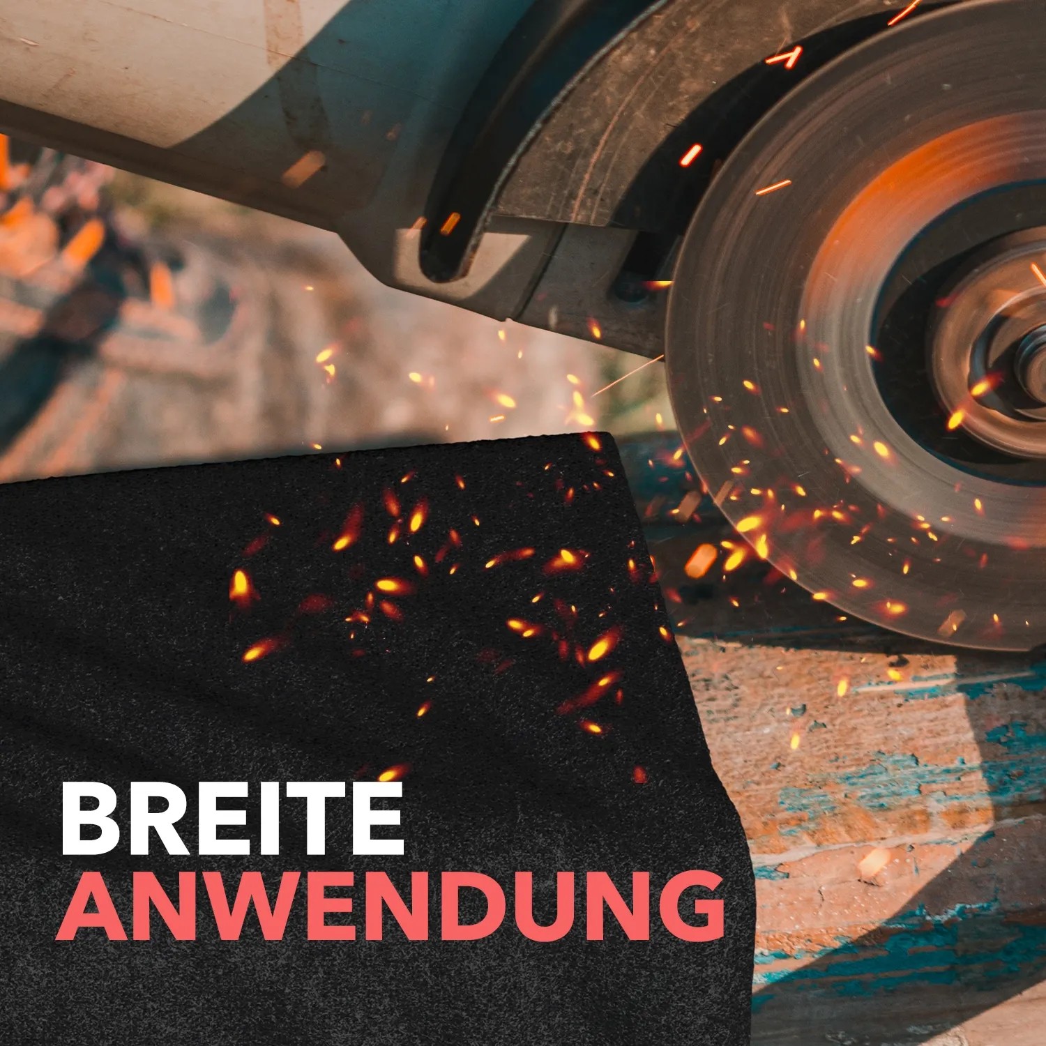 Evocamp feuerfeste Unterlage unter Winkelschleifer mit Funkenflug.