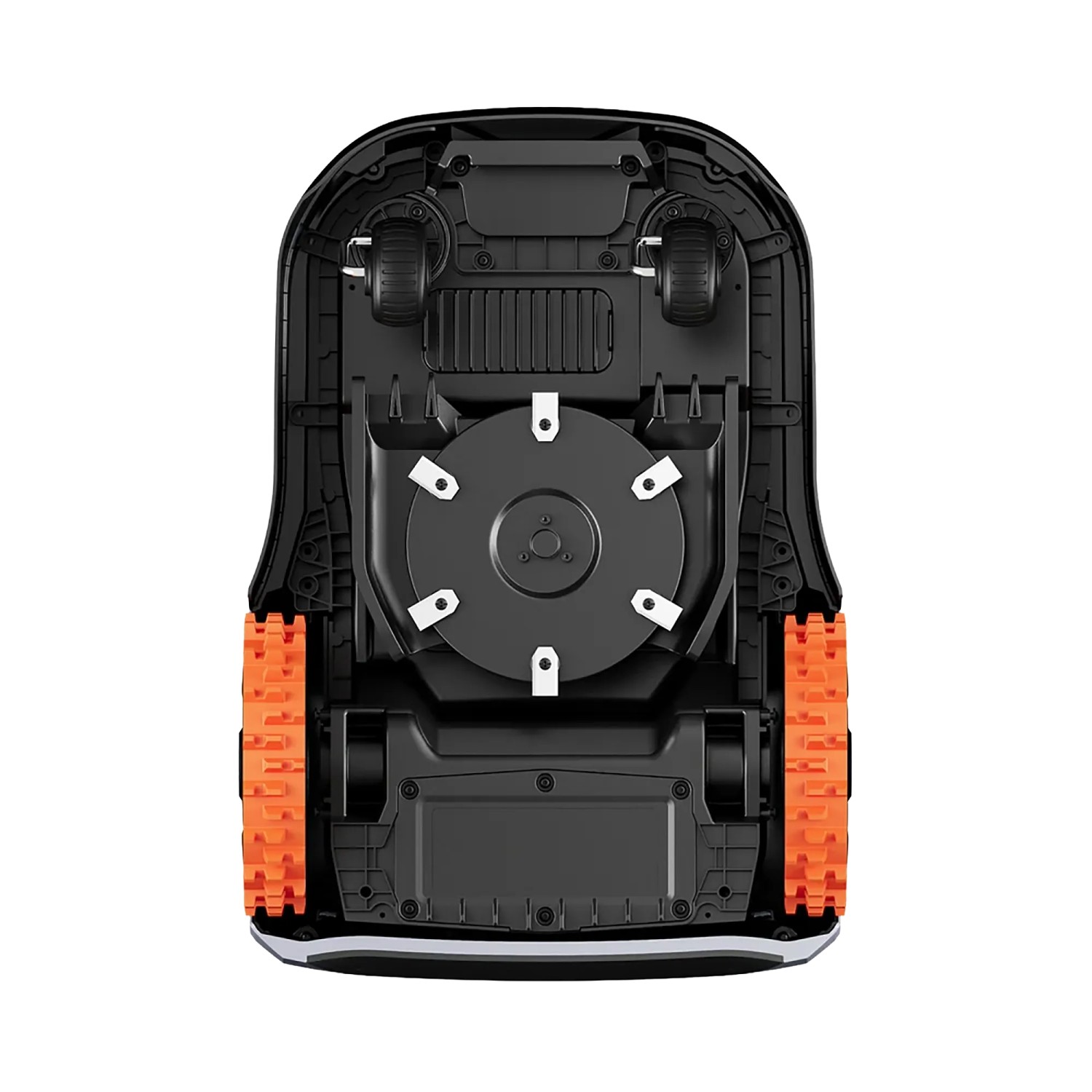 Unterseite des Segway Navimow i210E Mähroboters mit LiDAR, orangefarbenen Rädern und Mähwerk.