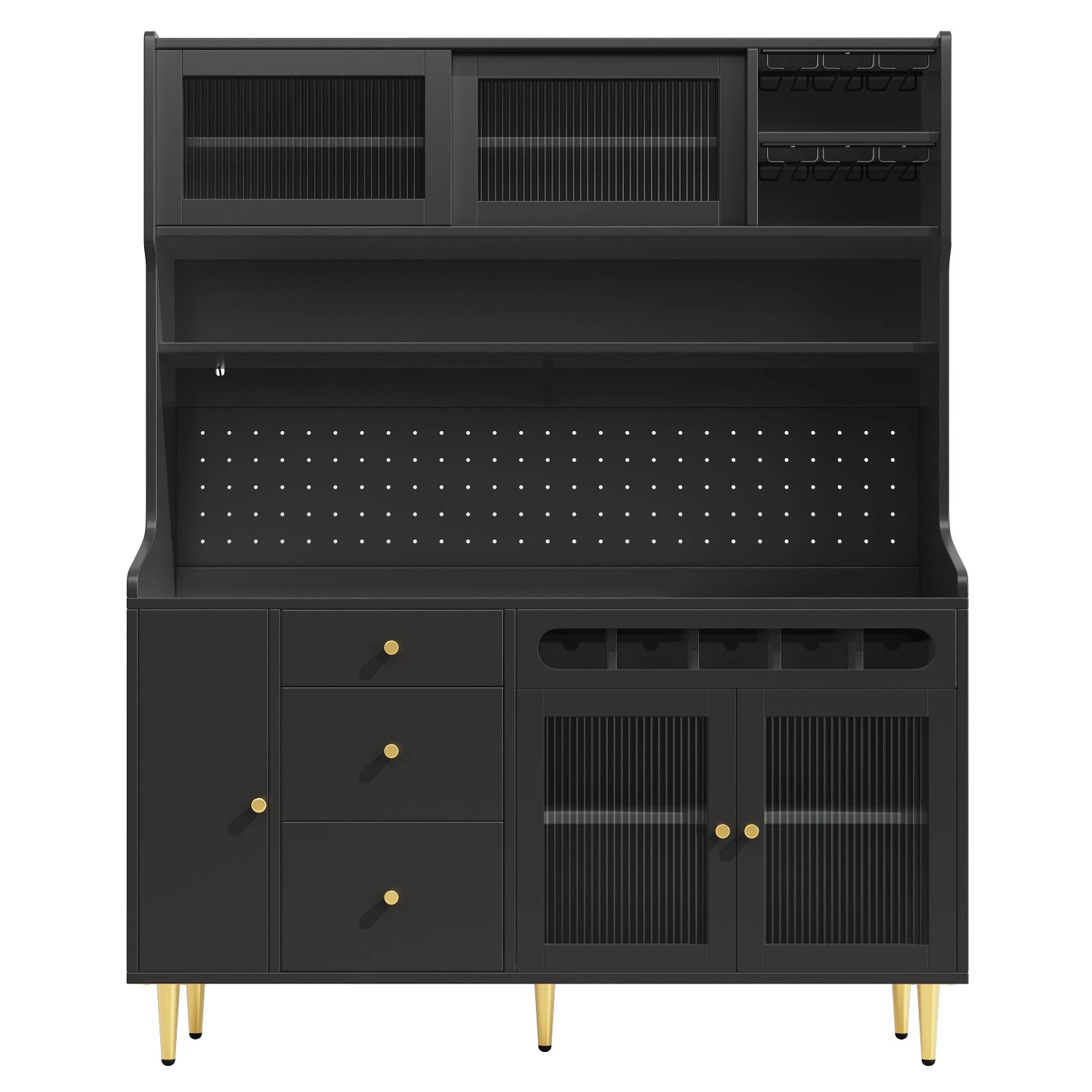 okwish Hochschrank mit LED Licht Weinregal Schublade Wohnzimmer 145x39x171cm Schwarz