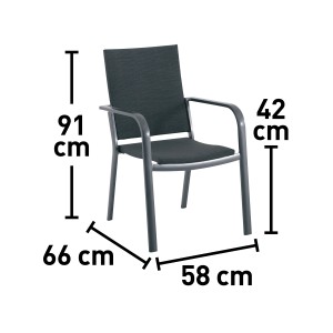 Stapelbarer Gartenstuhl Pacora mit Textilbespannung und Aluminiumgestell, Maße sind eingezeichnet.