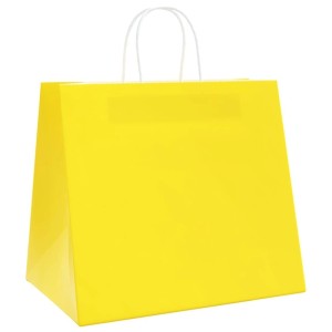 Gelbe Papiertragetasche aus Kraftpapier mit weißen Henkeln. Robuste Geschenktüte für Einkauf & Anlässe.