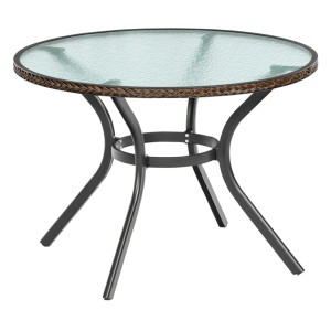 Runder Merxx Ravenna Gartentisch Graphit-Schoko mit Glasplatte und Kunststoffgeflecht.