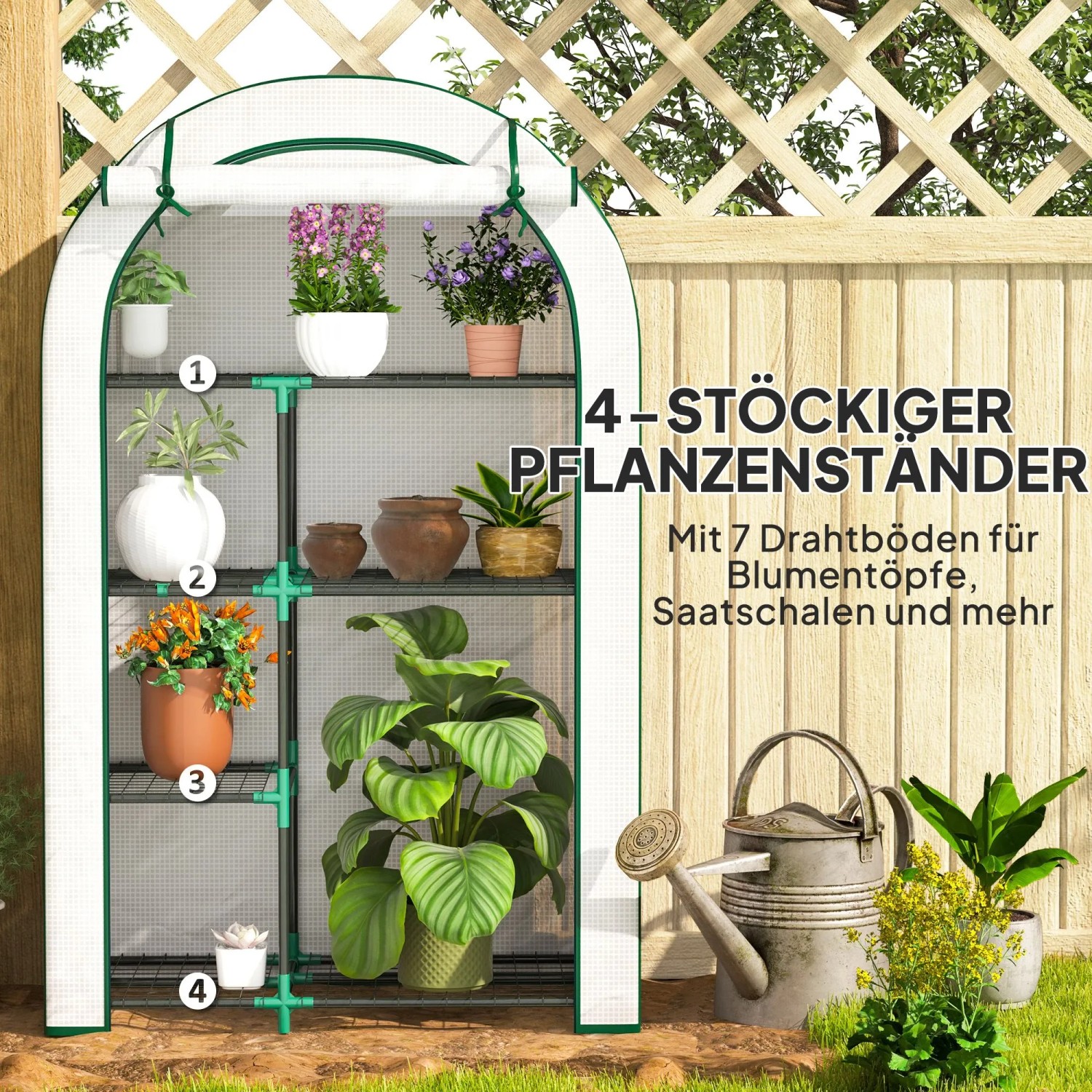 Weißes Mini-Gewächshaus, 4-stufig mit Pflanzen auf Drahtböden. Ideal für Garten und Anzucht.