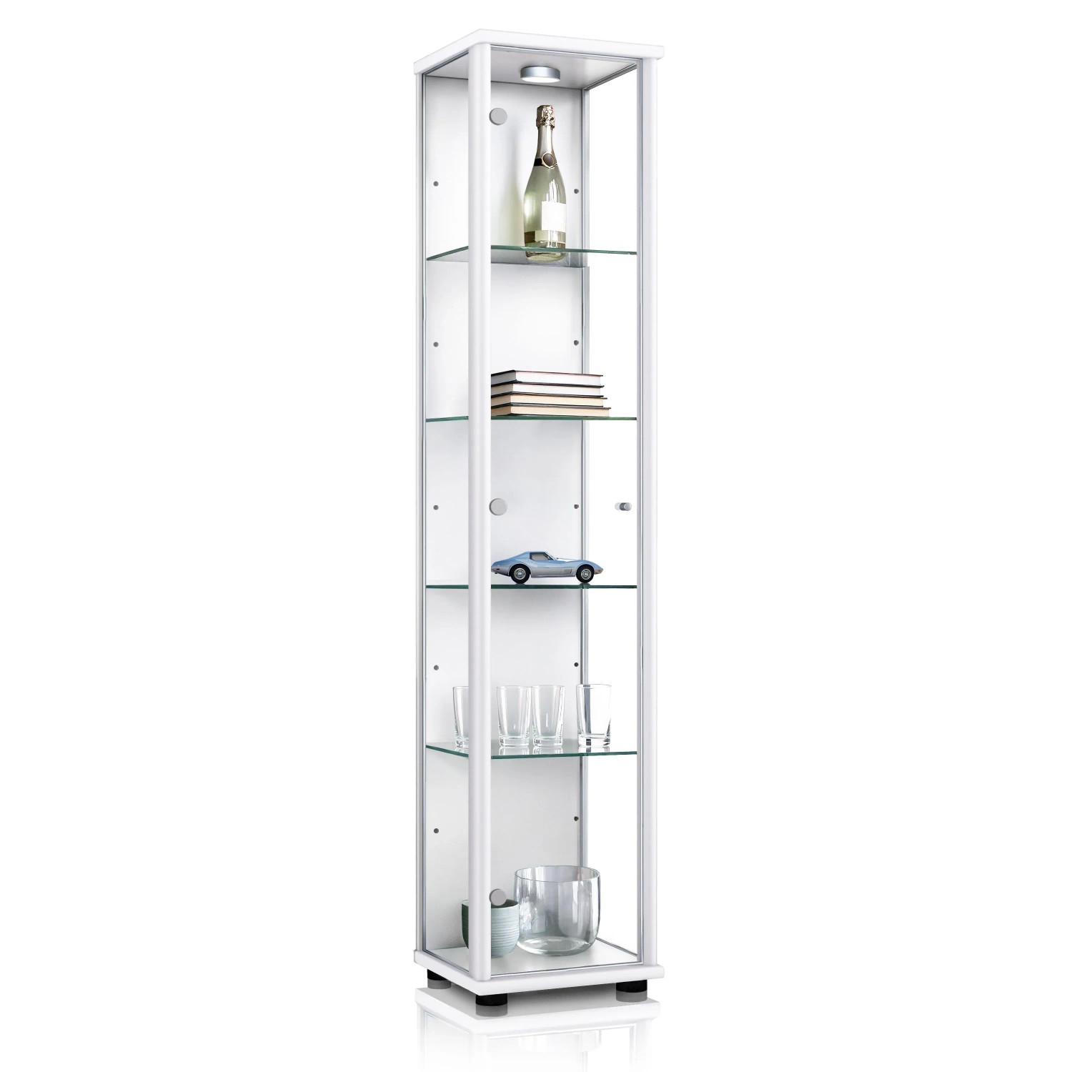 K-Möbel Glasvitrine Stehend 176x37x33 cm Made in Germany mit LED & 4 Höhenverstellbaren Glasböden Weiss