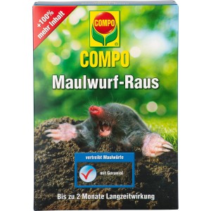 Verpackung Compo Maulwurf-Raus mit Maulwurf-Abbildung. Maulwurfschreck zur Vertreibung mit Langzeitwirkung.