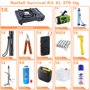 JUNG BLACKOUTPro Notfall Survival Kit XL mit Gaskocher, Handkurbelradio, Wasserfilter, Taschenlampe, Powerbank und Zubehör.