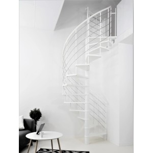 Weiße Minka Spindeltreppe Venezia, Ø 120 cm, mit Holzhandlauf und Edelstahl-Geländer.