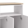 VINALO Barschrank in Weiß mit heller Holzplatte, offenen Fächern und leicht geöffneten Türen. Bartisch-Set.