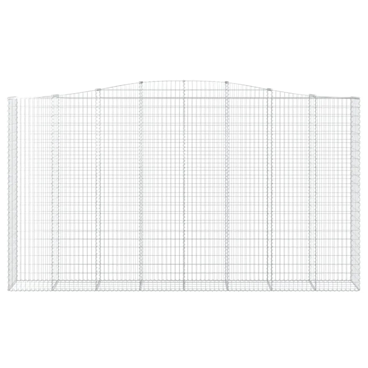 Leere, silberne vidaXL Gabione mit Hochbogen (400x50x220/240 cm) aus verzinktem Eisen.