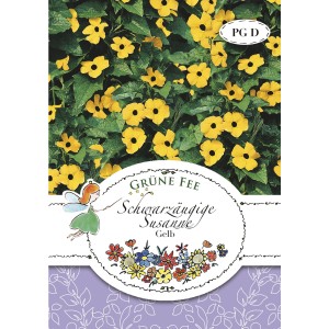 Saatgutpackung Grüne Fee Schwarzäugige Susanne Gelb, Kletterpflanze mit gelben Blüten und dunkler Mitte.