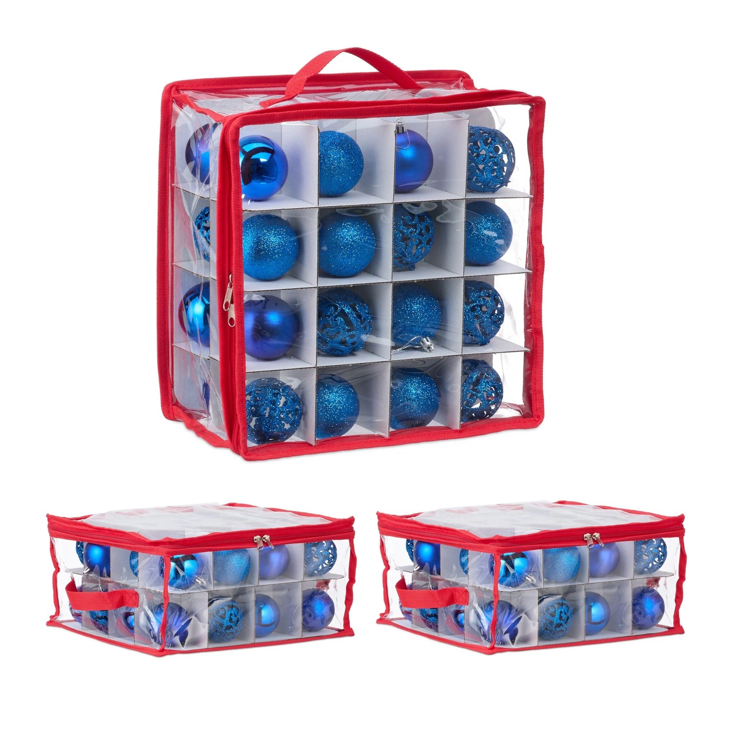Relaxdays Weihnachtskugel Aufbewahrungsbox 3er Set Kunststoff Transparent Rot Verstellbar 16 cm x 32 cm x 32 cm 0,33 kg