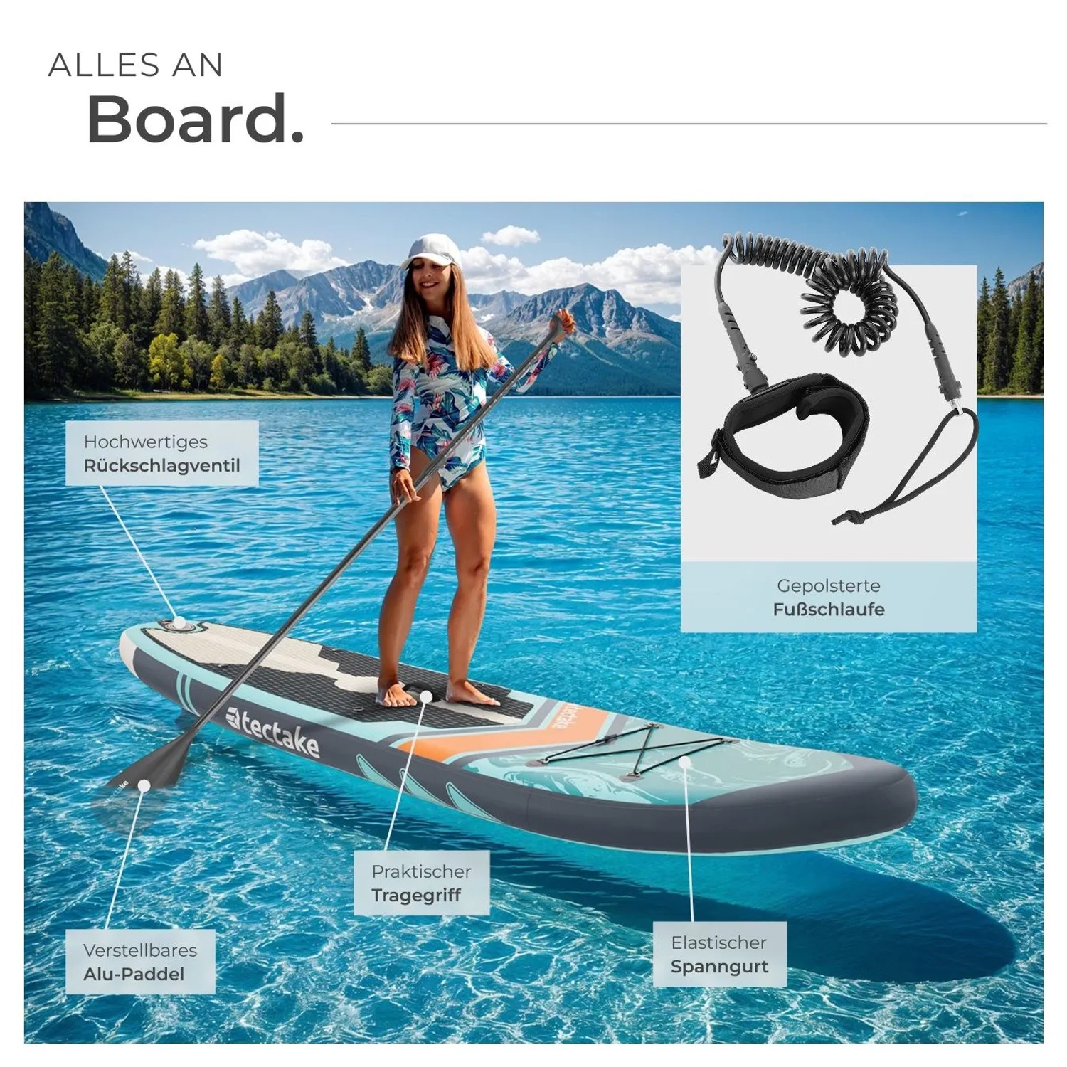 Türkis-oranges Tectake Stand Up Paddle Board mit Paddel und Fußschlaufe im Wasser.